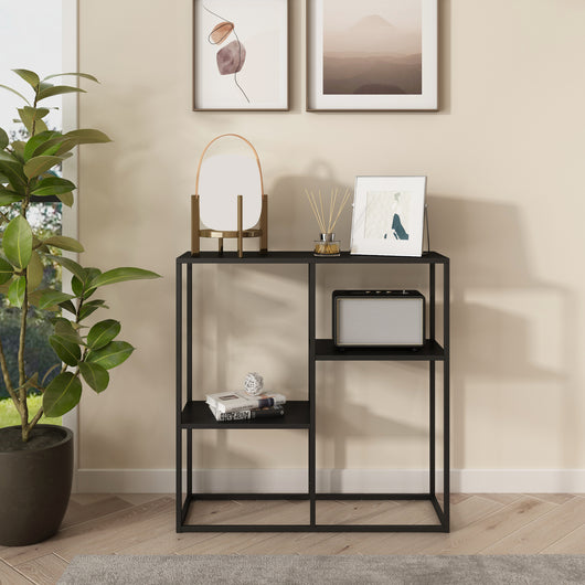 Tavolo a Consolle Strömstad Scaffale da Terra Espositore 80x80x26 cm Acciaio Nero opaco [en.casa]