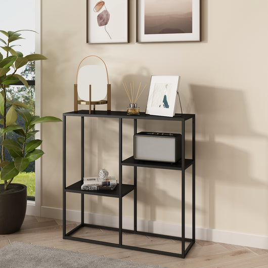 Tavolo a Consolle Strömstad Scaffale da Terra Espositore 80x80x26 cm Acciaio Nero opaco [en.casa]