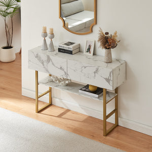 Tavolo Consolle Varberg con Cassetti e Ripiano 75 x 120 x 30 cm - Effetto Marmo Bianco [en.casa]