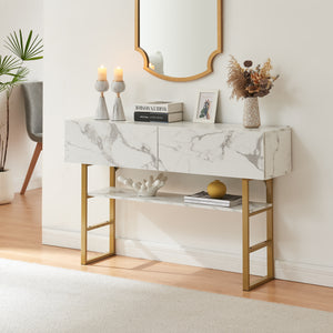 Tavolo Consolle Varberg con Cassetti e Ripiano 75 x 120 x 30 cm - Effetto Marmo Bianco [en.casa]