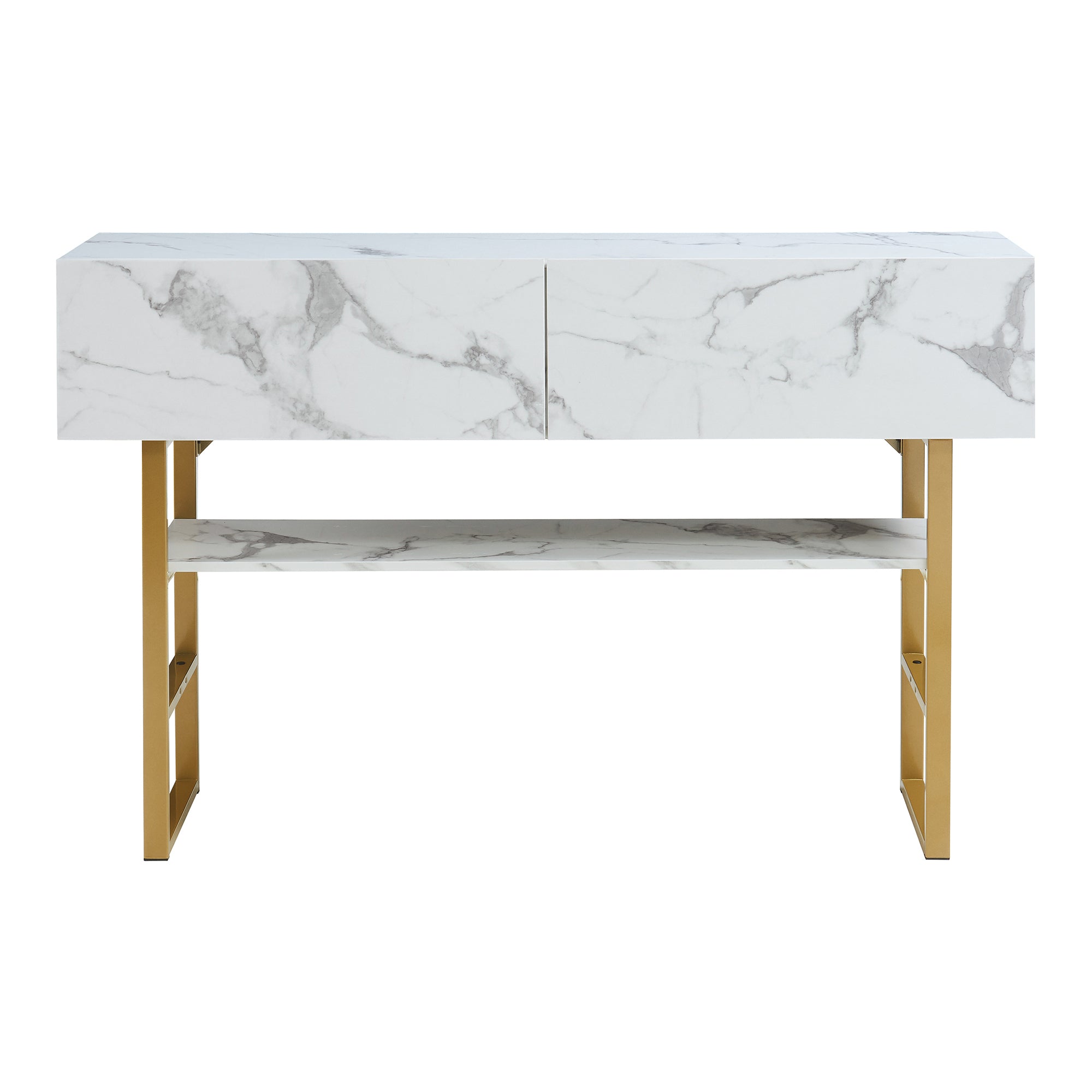 Tavolo Consolle Varberg con Cassetti e Ripiano 75 x 120 x 30 cm - Effetto Marmo Bianco [en.casa]