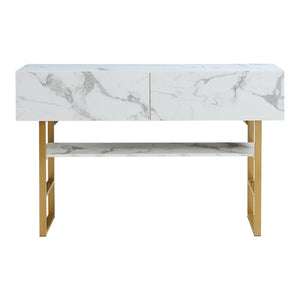 Tavolo Consolle Varberg con Cassetti e Ripiano 75 x 120 x 30 cm - Effetto Marmo Bianco [en.casa]
