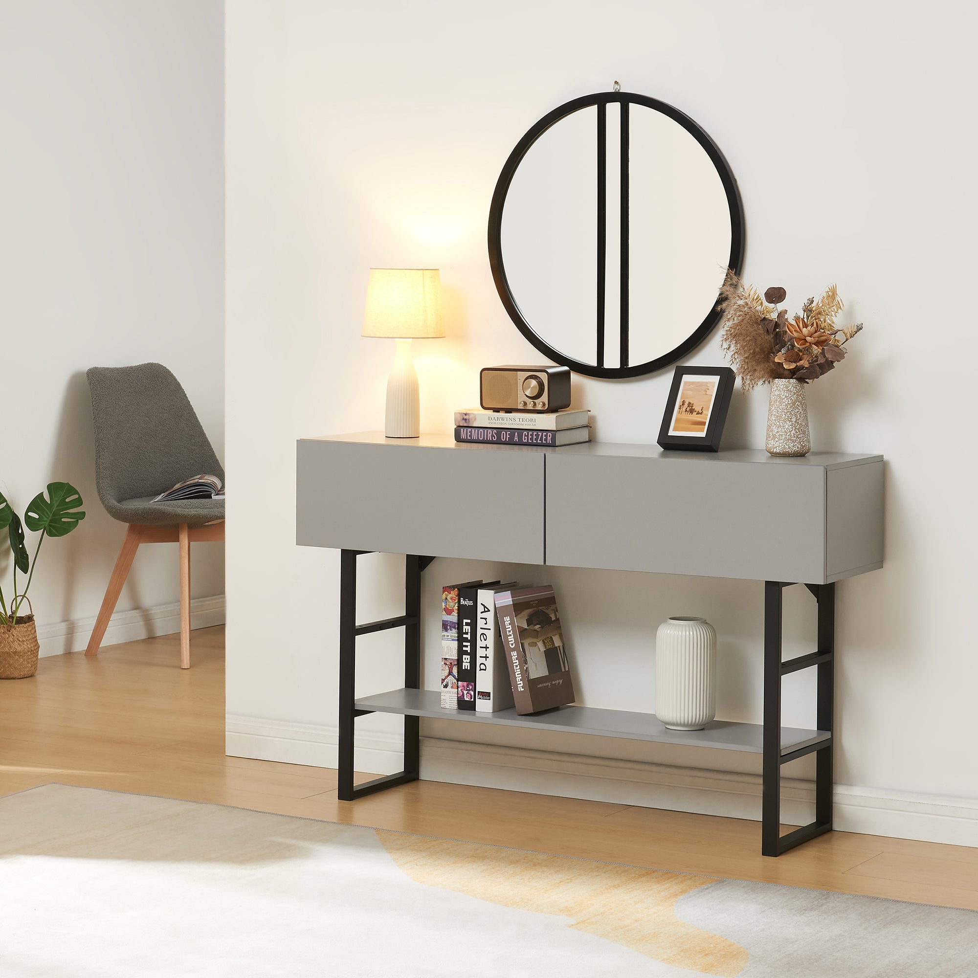 Tavolo Consolle Varberg con Cassetti e Ripiano 75 x 120 x 30 cm - Grigio Chiaro [en.casa]