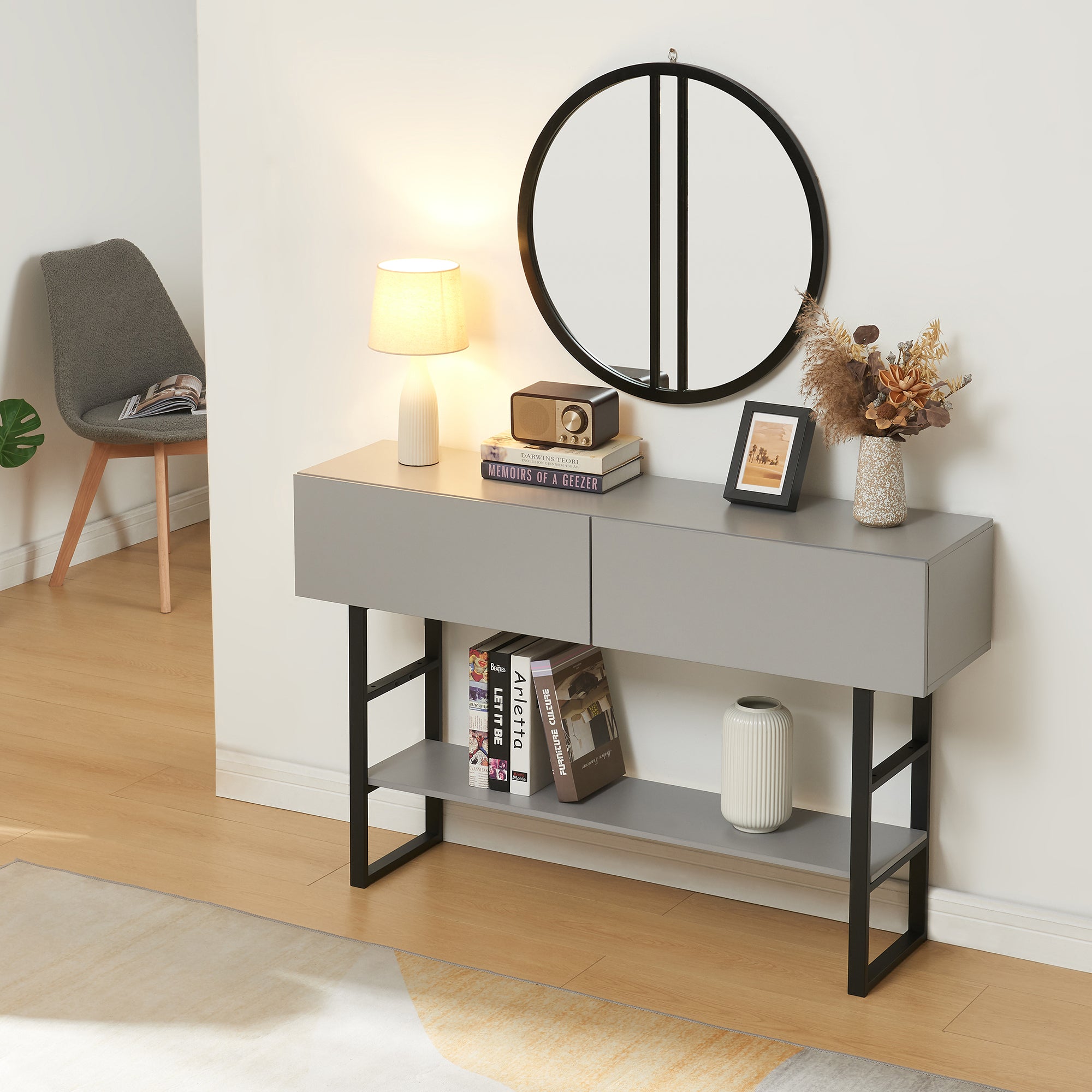 Tavolo Consolle Varberg con Cassetti e Ripiano 75 x 120 x 30 cm - Grigio Chiaro [en.casa]