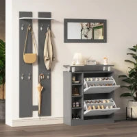 Mobile Appendiabiti da Ingresso a Parete con Specchio, 2 Pannelli a Muro, Mensola e Scarpiera, Grigio e Bianco