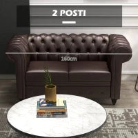 Divano 2 Posti stile Chesterfield con Cuscino Rimovibile, in Ecopelle, Legno e Metallo, 160x84x80 cm, Marrone