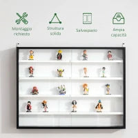 Vetrina Espositiva da Parete a 4 Ripiani Regolabili, Vetrinetta per Collezionismo, Bacheca Espositore a Muro per Oggetti da Collezione, in Vetro e Truciolato, 80x9.5x60 cm, Nero e Bianco