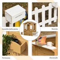 Casetta per Bambini in Legno con Finestre, Staccionata e Panca, 205x119x140 cm, Legno Naturale