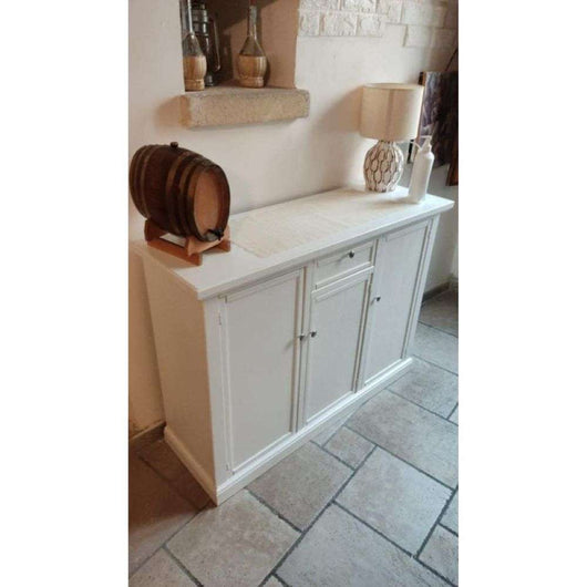 Credenza 3 ante 1 cassetto arte povera in legno massello e mdf con rifinitura in bianco 120x40x88 H