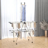 Stendibiancheria Pieghevole con Ruote, Ampio Spazio di Stenditura, Acciaio Inossidabile, 138,5 x 63 x 208 cm, Argento e Nero