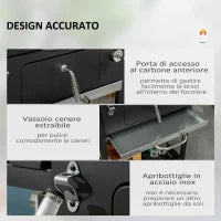 Barbecue a Carbone con Coperchio con Termometro, Griglia Regolabile, Ruote e Tavolini, Nero