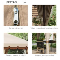 Gazebo da Giardino 4x4m Esagonale con Doppio Tetto e Tende Laterali Rimovibili, Marrone