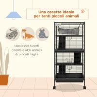 Gabbia per Porcellini d'India e Cincillà in Acciaio con 3 Piani, Ruote e Vassoio Rimovibile, Grigio