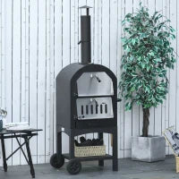 Forno per Pizza e Barbecue a Carbone Portatile in Acciaio con Camino e Ruote, 63x54x161 cm, Nero