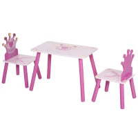 Set Tavolo e 2 Sedie a Tema Principesse per Cameretta Bambini in Legno Rosa con Schienale a Forma di Corona