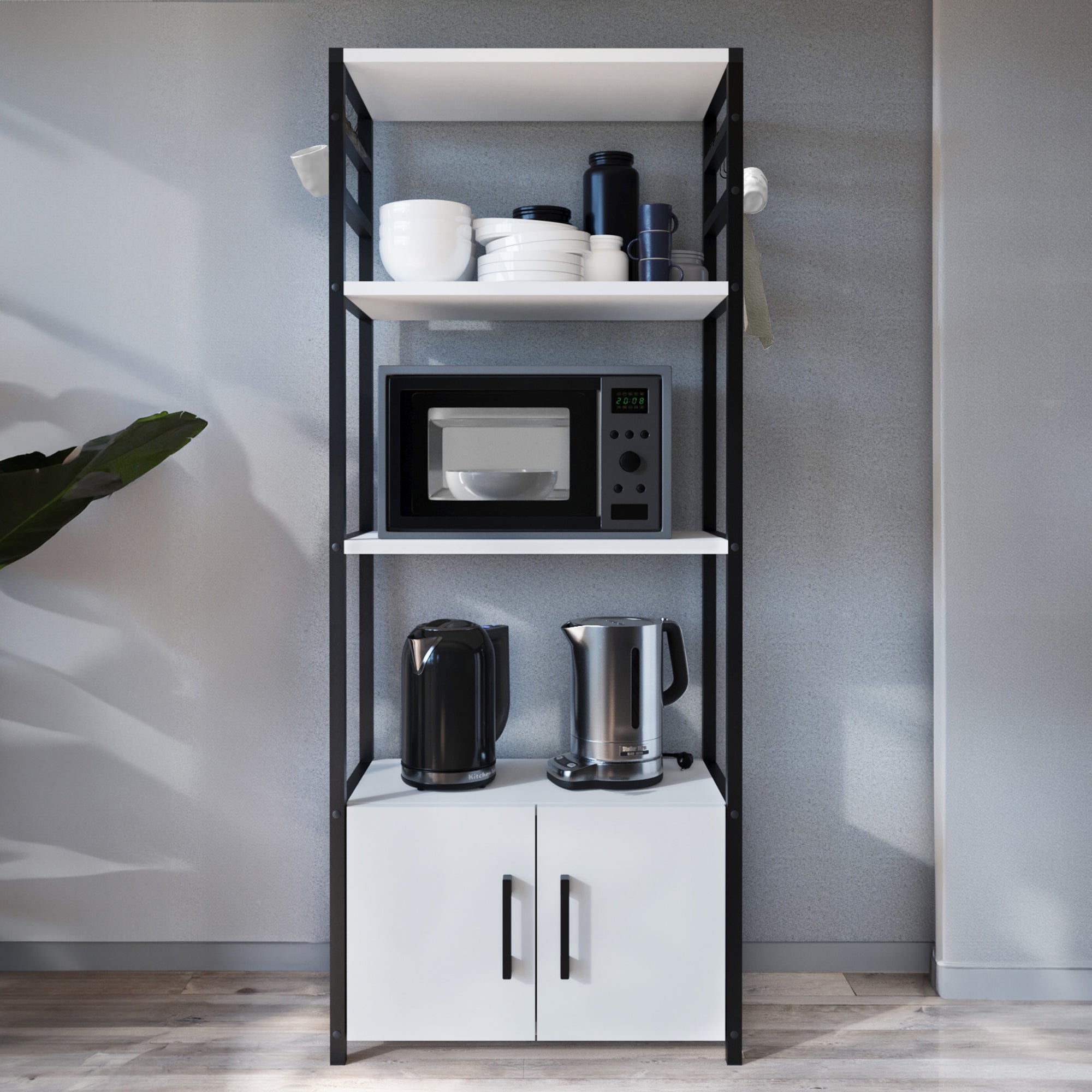 Scaffale da Cucina Arhuni a 3 Piani Armadio e Ganci 139 x 56 x 30 cm - Bianco/Nero [en.casa]