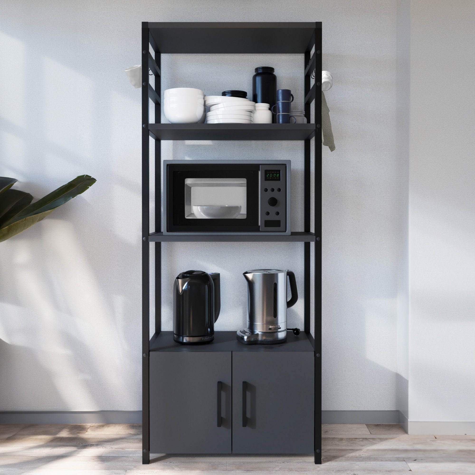 Scaffale da Cucina Arhuni a 3 Piani Armadio e Ganci 139 x 56 x 30 cm - Antracite/Nero [en.casa]