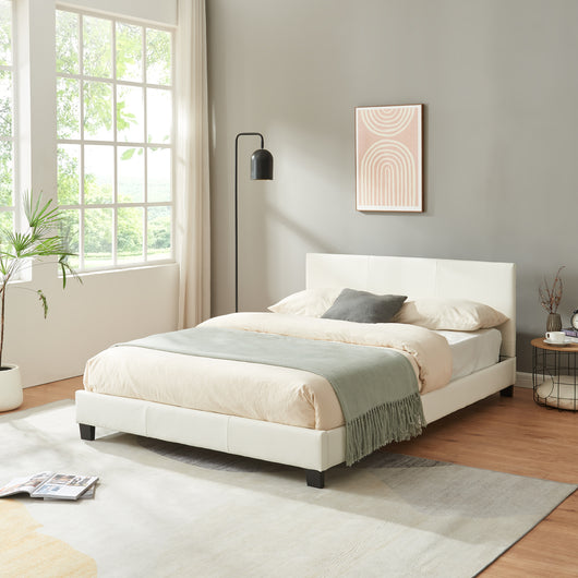 Letto Matrimoniale / Francese 140x200 cm Imbottito, Rivestimento in Similpelle, Incluso Rete a Doghe - Bianco