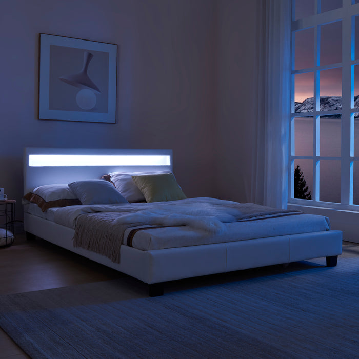 Letto Francese con Materasso 140x200 cm Testiera Alta con Illuminazione a LED Similpelle - Bianco Corium