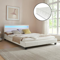 Letto Francese con Materasso 140x200 cm Testiera Alta con Illuminazione a LED Similpelle - Bianco Corium