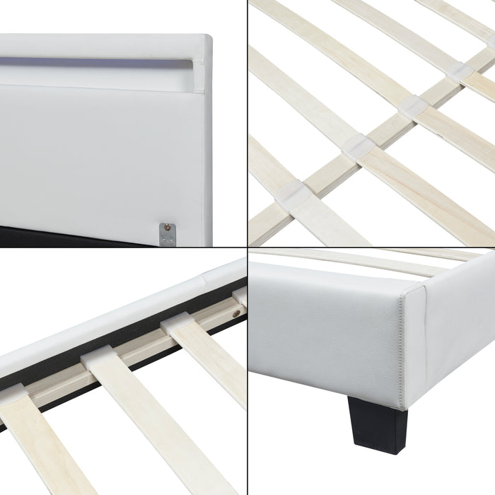 Letto Francese con Materasso 140x200 cm Testiera Alta con Illuminazione a LED Similpelle - Bianco Corium