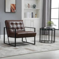 Poltrona Imbottita Stile Industriale Trapuntata a Bottoni, Arredamento Moderno Poltroncina da Ingresso in Metallo e PU, 75x81x78cm Marrone