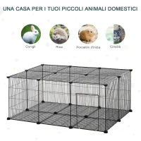 Pawhut Gabbia per Conigli e Piccoli Animali, 22 Pannelli Modulabili in Metallo con Porta, Nero, 105 x 70 x 45cm