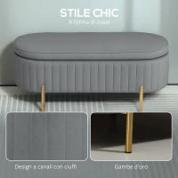 Panca Contenitore Ovale da 72L con Coperchio Sollevabile, in Tessuto Vellutato e Legno, 108x44x43.5 cm, Grigio