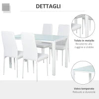 Set 5 Pezzi con 1 Tavolo e 4 Sedie per Cucina o Sala da Pranzo in Finta Pelle, Metallo e Vetro Temperato, Bianco