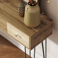 Tavolo Consolle con 3 Cassetti e Gambe in Acciaio, Stile Bohemien, Legno Naturale