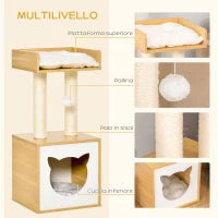Casetta per Gatti con Pali Tiragraffi in Sisal, Cuscini Lavabili e Pallina, 35x35x81cm, Quercia