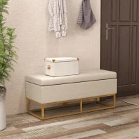 Panca con Contenitore in Poliestere Trapuntata con Gambe in Acciaio d'oro, 110x44x48cm, Beige