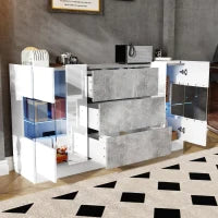 Credenza con illuminazione LED, cassetti, frontali lucidi ed effetto marmo, 140x35x75 cm, Bianco e Grigio