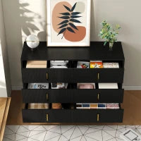 Credenza con 6 cassetti, maniglie e gambe dorate, texture ondulata, 120x40x77 cm, Nero e Oro