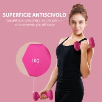 Set 2 Manubri 2x1 kg Esagonali e Antiscivolo per Casa e Palestra, in Metallo e Plastica, 13x5x5 cm, Rosa