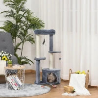 Albero Tiragraffi per Gatti Adulti su più Livelli, Castello per Gatti con Cuccia, Posatoio e 2 Ripiani, Bianco e Grigio, 48x35x100cm