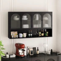 Armadietto a muro con quattro ante in vetro e ripiano, per cucina, soggiorno, bagno, 120x23x70 cm, Nero