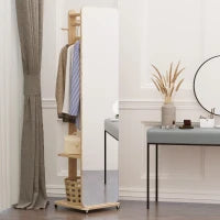 Specchio A Terra Con Ruote - Appendiabiti, 4 Ganci Ripiano MDF Effetto Legno Chiaro