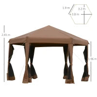 Gazebo da Giardino Pieghevole ed Esagonale con Zanzariera, in Acciaio e Poliestere, 3.2x3.2x2.7 m, Marrone