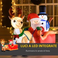 Babbo Natale Gonfiabile con Slitta, Renna, Pupazzo di Neve e Luci LED, Decorazione Natalizia da Esterno, 200x80x128cm