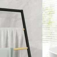 Portasciugamani a 4 Sbarre in Acciaio e Bambù, 40.5x28x98cm, Nero e color Legno