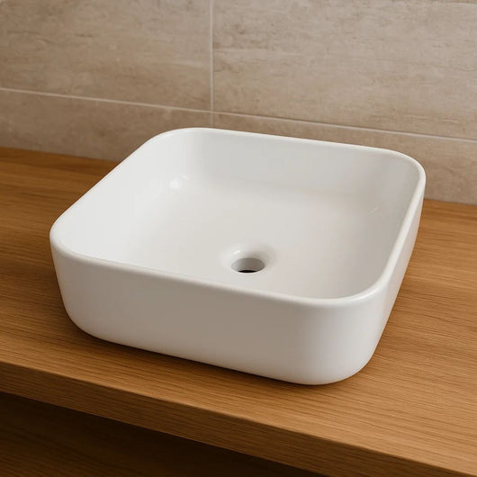 Lavabo d'appoggio ceramica bianco quadrato lavandino bagno dimensioni cm 38,5x38,5x14 *** finitura- lucido, confezione 1