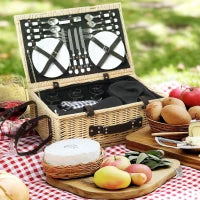 Cesta da Pic Nic per 4 Persone con Area Frigo e Accessori, in Vimini, 54x34x20 cm, color Legno