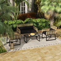 Set Mobili da Giardino in Polyrattan per 4 Persone, Set da Balcone Resistente alle Intemperie, con Divano a 2 Posti, 2 Poltrone, Tavolino in Vetro, Cuscini per Seduta Nero
