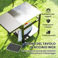 Carrello per Barbecue con Piano in Acciaio e Ripiano Richiudibile, Ruote e Ganci, 91x58x76 cm, Nero