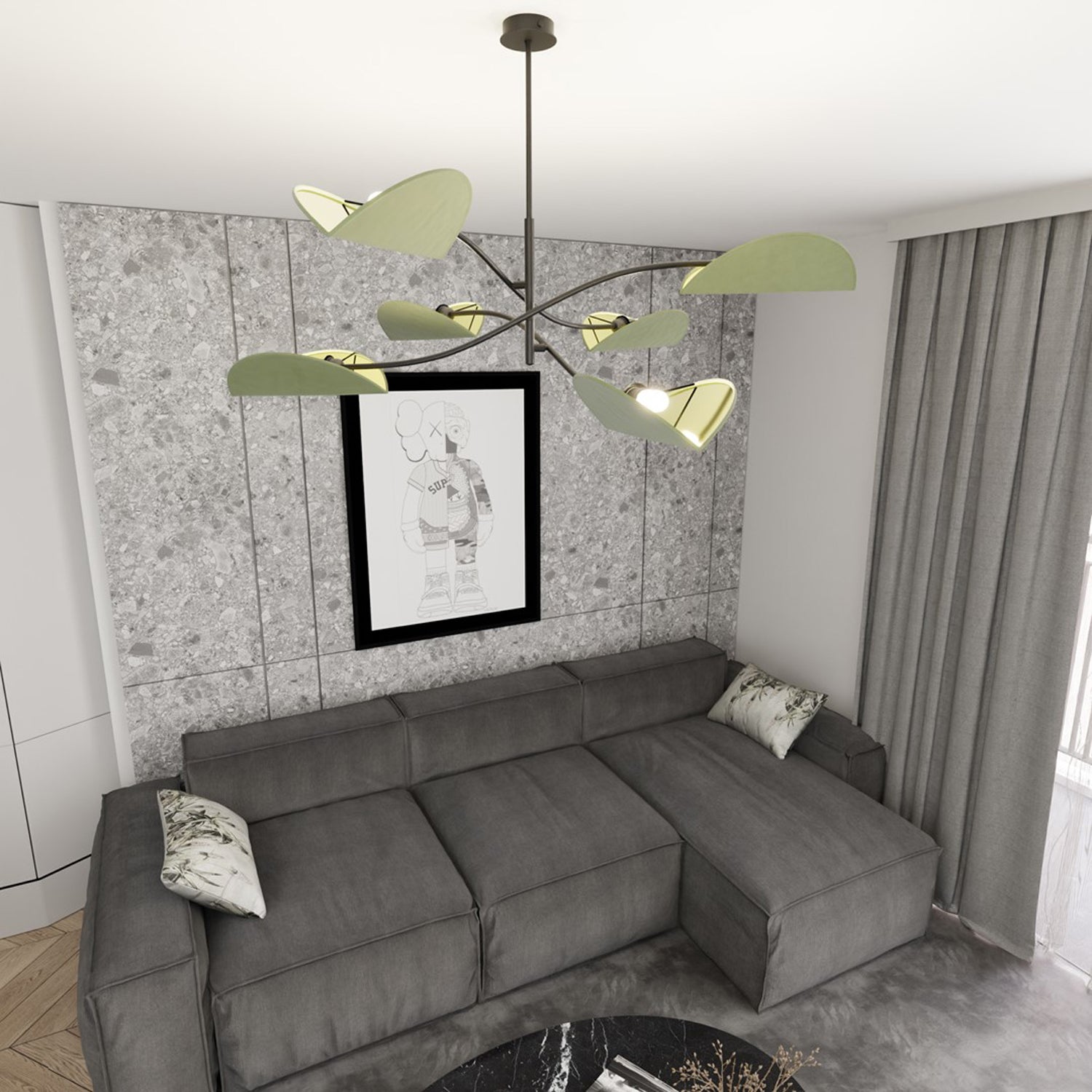 Plafoniera Moderna Ares Acciaio Nero Verde 6 Luci E14 Ip20