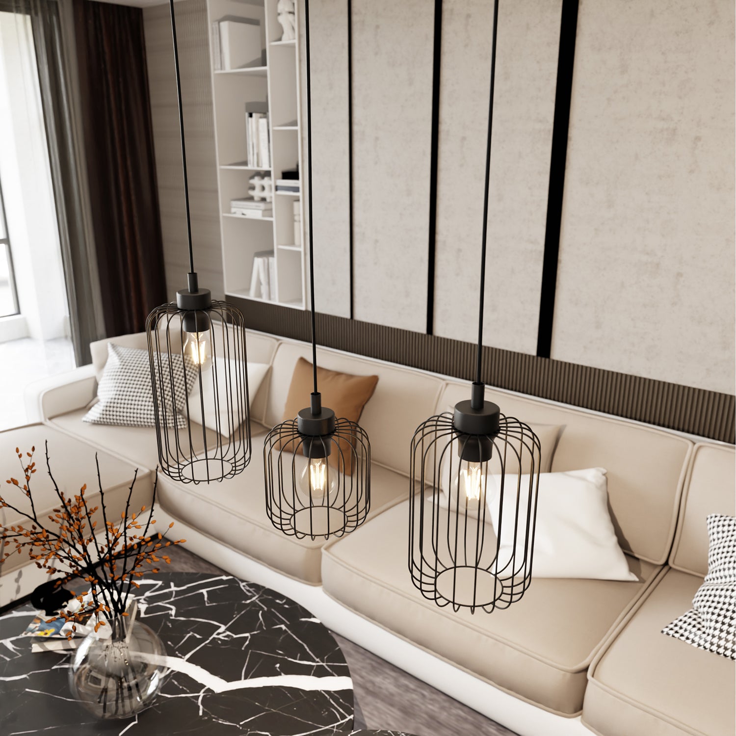 Sospensione Minimal Industrial Minerva 3 Luci Lineari Nera