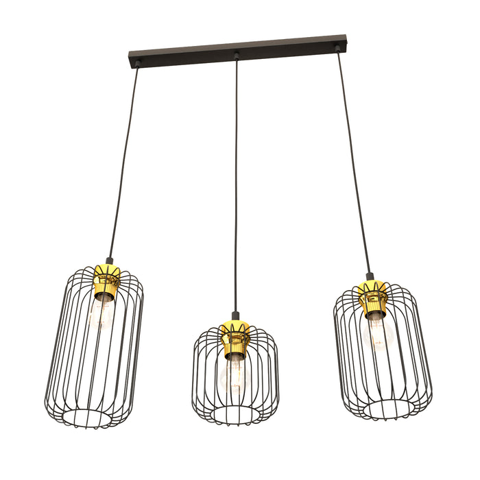 Sospensione Minimal Industrial Minerva 3 Luci Lineari Nera E Oro