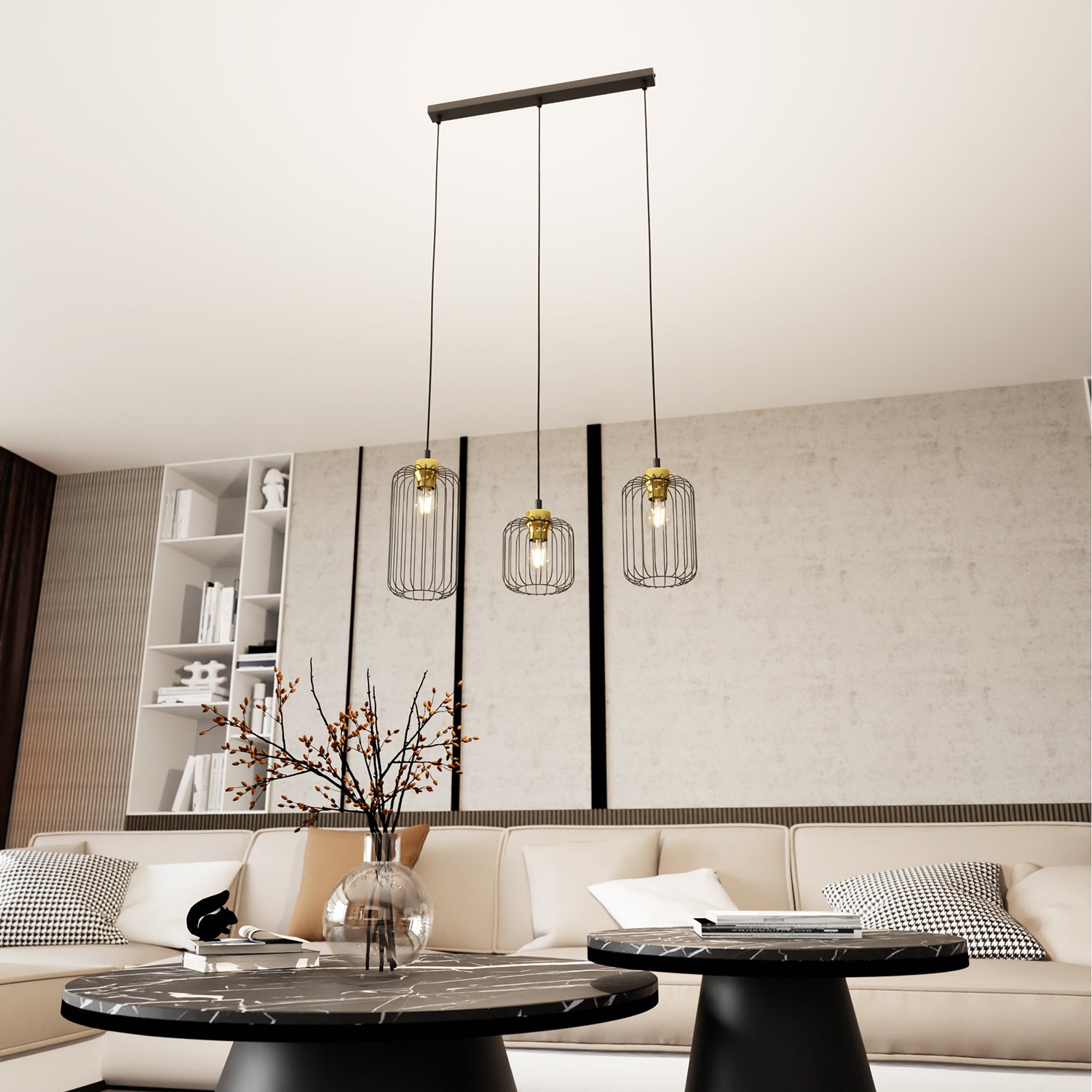 Sospensione Minimal Industrial Minerva 3 Luci Lineari Nera E Oro