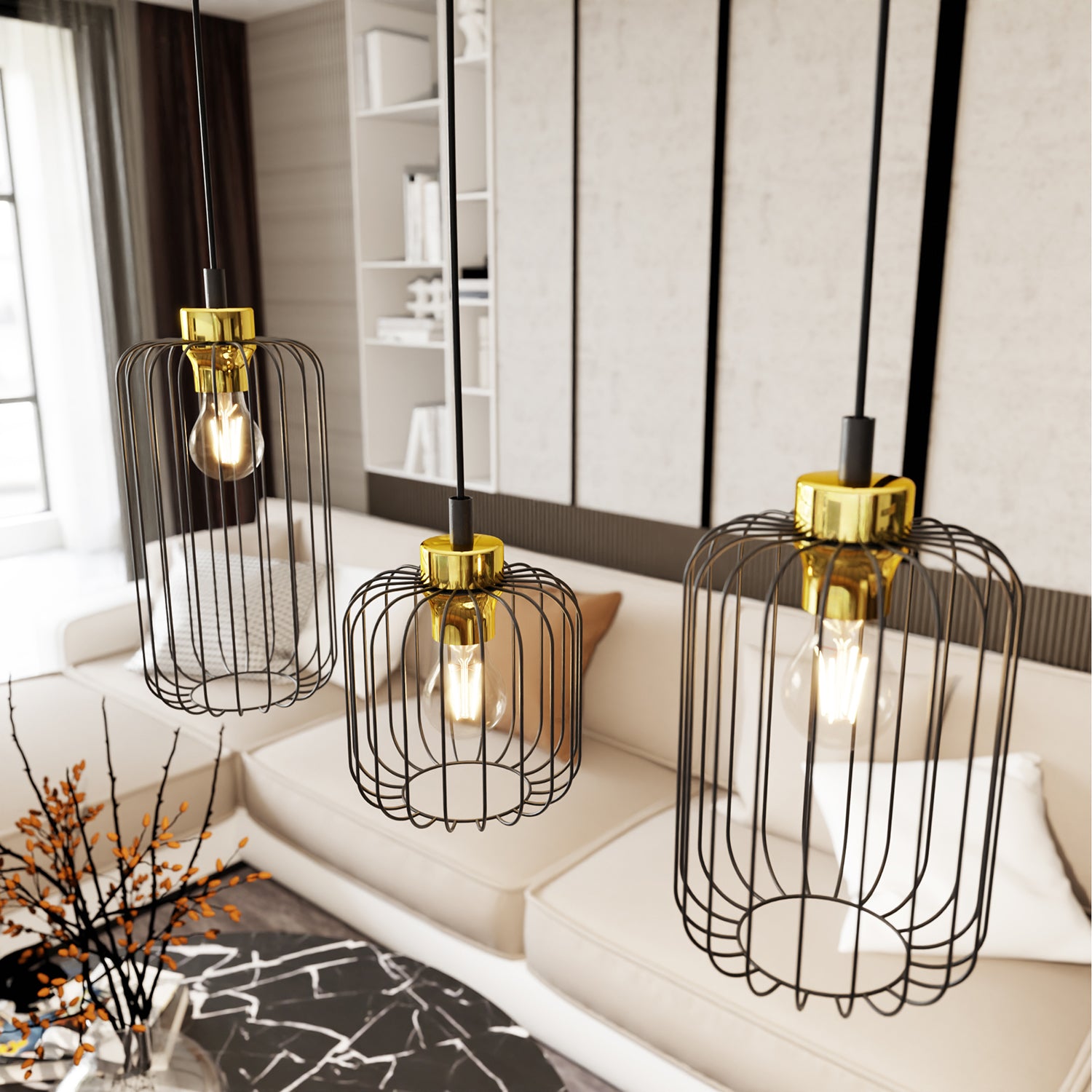 Sospensione Minimal Industrial Minerva 3 Luci Lineari Nera E Oro